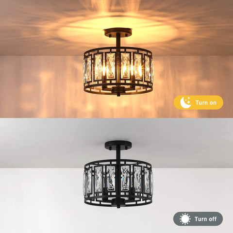Modern Crystal Semi Flush Mount Black Ceiling Light With Three Lights For Dining Room Bedroom Kitchen Island Hallway Entryway Close To Ceiling That Delivers Sparkling Transparent Crystals And A Bold Glam Glow