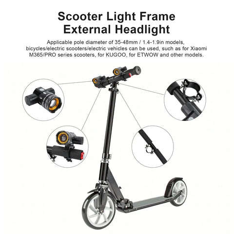 USB Rechargeable LED Headlight For Electric Scooters And Bikes on scooter, adjustable focus, weatherproof aluminum, 35-48mm poles