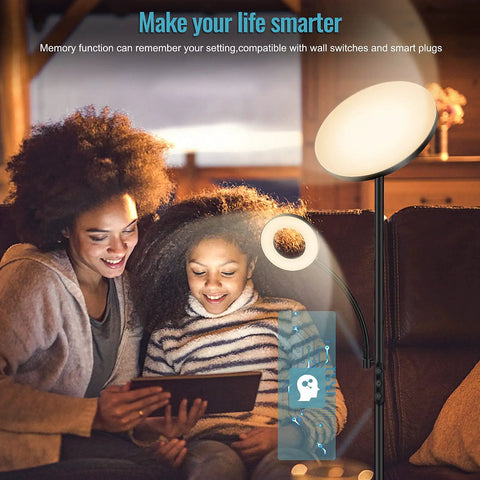 Upgraded 42W 4000LM LED Floor Lamp With Remote And Touch Dimming Lit Bright Standing Lamp next to people using a tablet