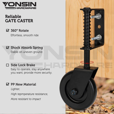 Heavy Duty Spring Loaded Gate Caster With Bearing And 360 Degree Swivel For Wooden Gates Fences And Metal Tube Gates Anti Sag Drag Gate Wheel Kit 200 Lb Capacity Per Pair Durable Black Construction Includes 2 Pcs front view