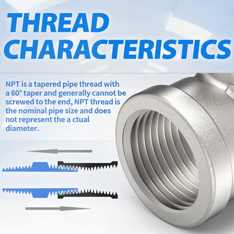 Detailed view of thread characteristics for 304 Stainless Steel Pipe Fitting Male Branch Tee 1 1/4 Inch Npt Female To Male To Female Thread Adapter.