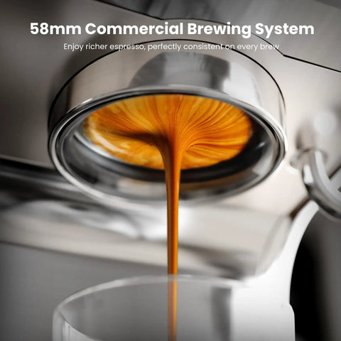 Game Changing Espresso Machine With Built In Grinder And 20 Bar Pressure, Hassle Free Milk Frother For Rich Cappuccinos, Stainless Steel Home Brewer That Truly Slaps And Saves Space, showing espresso brewing from 58mm portafilter.