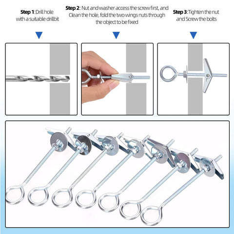 15 Piece M4 75mm O Shaped Eye Bolt Toggle Anchors Kit For Drywall Sheetrock Hollow Wall And Ceiling Installations Including Butterfly Anchors And Spring Toggle Wing Bolts Heavy Duty Zinc Coated Carbon Steel Construction For Long Lasting Support installation steps and components