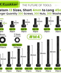 Chart showing All In One 900 Piece M4 Nuts Bolts And Washers Set 4mm to 45mm with hex socket head screws and washers.