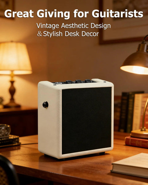 Mini Electric Guitar Amplifier With OTG Recording For Content Creators Portable Rechargeable Practice Amp in cream white on desk