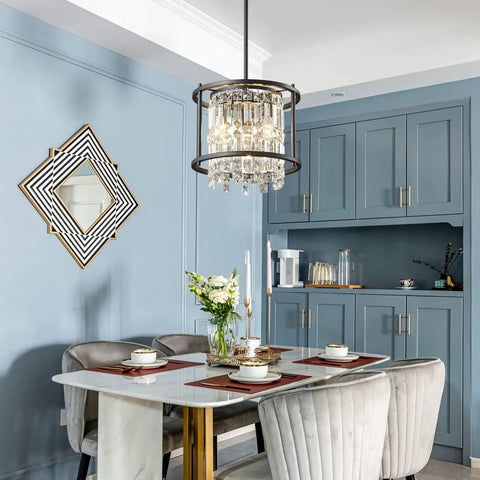 Dope Modern Black Crystal Chandelier For Foyer And Kitchen Island, Round Adjustable Height Pendant Light Fixture For Entryway