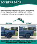 Before and after comparison of a truck with Two To Three Inch Rear Drop Suspension Shackles Kit, showing lowered rear height.