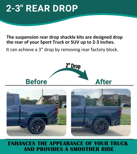 Before and after comparison of a truck with Two To Three Inch Rear Drop Suspension Shackles Kit, showing lowered rear height.
