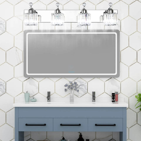 Chrome 4 Light Crystal Vanity Light Over Mirror With Dimmable E26 Sockets Modern Bathroom Lighting Upgrade Your Bath With Crystal Shine Glam Up Your Space Bulbs Not Included on hexagonal-tile wall above gray vanity