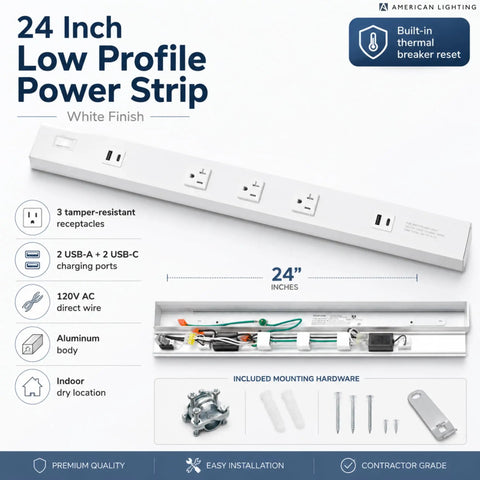 Low Profile Under Cabinet Power Strip With Three Tamper Resistant Outlets And Dual Usb A Usb C Ports Hardwired Extension Cord White Six Pack with aluminum body and 24-inch length.