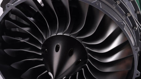 Close-up of One-Tenth Scale Twin Spool Turbofan Engine Model Kit That Actually Runs With Metal CNC Finish Electric Powered DIY