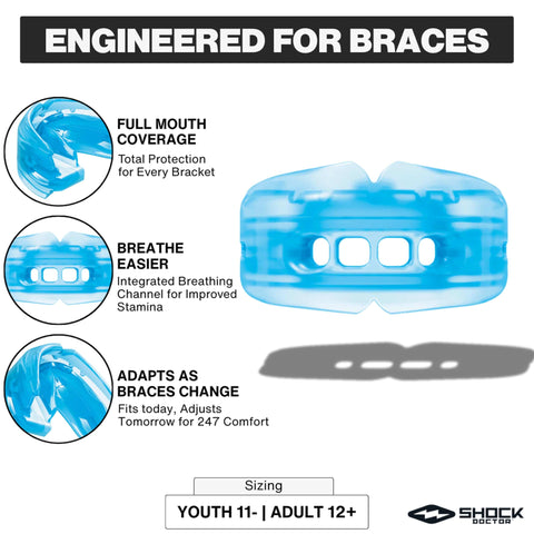 Braces Mouth Guard With Helmet Strap For Football, upper and lower teeth protection, blue orthodontic guard, youth and adult sizes