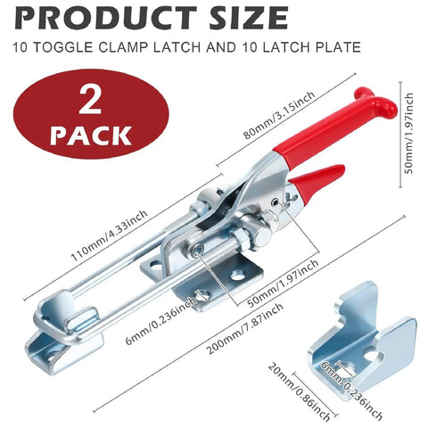 Two Pack 2000lb Heavy Duty Toggle Clamp Set, 7.87 Inch Self-Locking U-Bolt Latch with red vinyl handle and dimensions