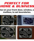 Two Pack No Soliciting Door Sign 4x3 Vinyl Weatherproof Peel And Stick for homes and businesses on door and mailbox