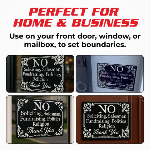 Two Pack No Soliciting Door Sign 4x3 Vinyl Weatherproof Peel And Stick for homes and businesses on door and mailbox
