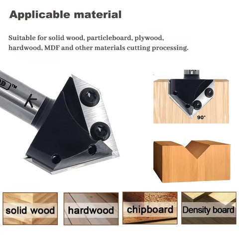 Close-up of Heavy Duty Pro Grade Carbide V Groove 90 Degree Router Bit Half Inch Shank For Woodworking with applicable materials