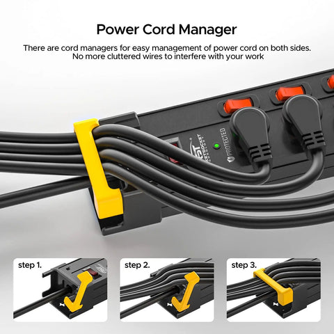 Close-up of 12 Outlet Metal Power Strip With Individual And Master Switches, 15 Amp 1875 Watt Heavy Duty Surge Protector, cord manager shown.