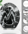 Elongated Resin Toilet Seat Universal Fit for Bathroom with black and white marble design and stainless steel hinges.