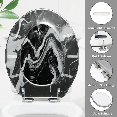 Elongated Resin Toilet Seat Universal Fit for Bathroom with black and white marble design and stainless steel hinges.