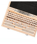 Dead Nuts Accurate Heat Treated Eighty Three Piece HSS Steel Gauge Block Kit for dialing in table saw and router settings, top view of blocks.