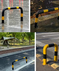 Beefy Heavy Duty Floor Mounted Bollard Safety Guard with Reflective Band in outdoor environments, U Shaped Guardrail visible in different settings.