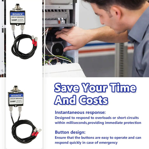 HVAC technician using Resettable Fuse Circuit Tester For HVAC Breakers, 3 Amp And 5 Amp, displays tool next to circuit breaker panel.