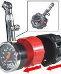 JACO tire pressure gauge with red inflator knob and chrome angled nozzle, 0–100 psi