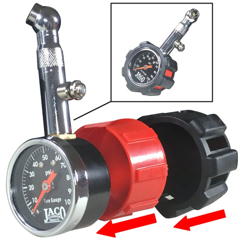 JACO tire pressure gauge with red inflator knob and chrome angled nozzle, 0–100 psi