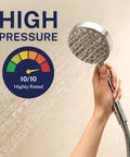 Hand holding high flow handheld shower from Solid Metal Dual Shower Head Combo Chrome 8 Inch Rainfall High Flow With Handheld Shower Head 6 Ft Hose High Pressure System For Home Spa Quality Boss Level Hotel Style.