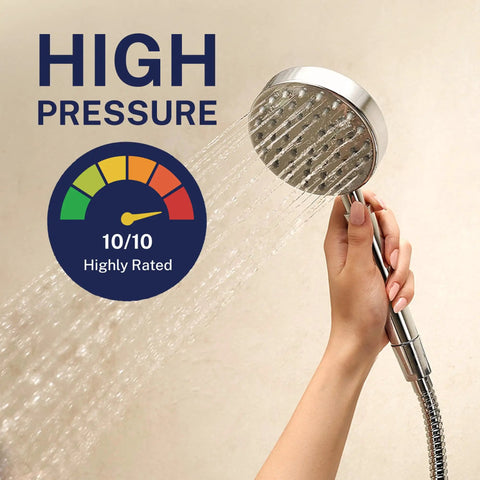 Hand holding high flow handheld shower from Solid Metal Dual Shower Head Combo Chrome 8 Inch Rainfall High Flow With Handheld Shower Head 6 Ft Hose High Pressure System For Home Spa Quality Boss Level Hotel Style.