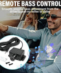 Universal 3.5mm Remote Bass Control Knob For Car Amplifier With 16 Ft Cable And Mounting Screws Plug And Play Upgrade shown in a car.