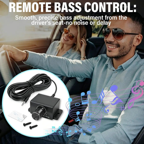 Universal 3.5mm Remote Bass Control Knob For Car Amplifier With 16 Ft Cable And Mounting Screws Plug And Play Upgrade shown in a car.