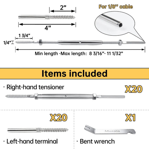 Premium Cable Railing Kit For Wood Posts Decks And Stairs With T316 Stainless Steel Swage Lag Screws And Turnbuckles Hardware Easy Install Adjustable Tensioners And 20 Cable Lines For A Sleek Modern Look details image