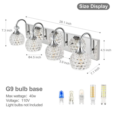 Chrome Vanity Lights For Bathroom Over Mirror, Modern Crystal Orb Vanity Light Fixtures, 4 Light Bar With Jewel Crystal Shades