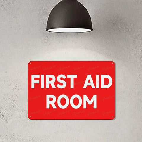 First Aid Room 8x12 Aluminum Safety Sign For Indoor Outdoor Use on wall under lamp, Medical Emergency Facility Plaque.