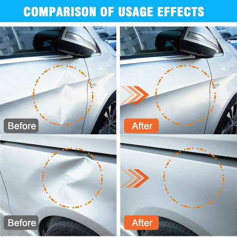 Heavy Duty Aluminum Dent Puller Kit 7 Pack For Car Dent Removal, Suction Dent Repair Tools, Strong Auto Body Repair Set For Cars, Glass And Screen, Tight Reach Pullers For Hard-To-Reach Dents And Moving Objects. Before and after car dent repair comparison