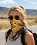 Woman wearing breathable 22x22 inch square bandana for adults built for camping and RV trips class C motorhomes lightweight head wrap