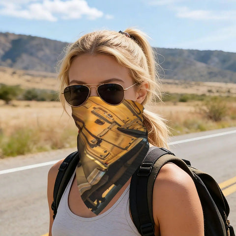 Woman wearing breathable 22x22 inch square bandana for adults built for camping and RV trips class C motorhomes lightweight head wrap
