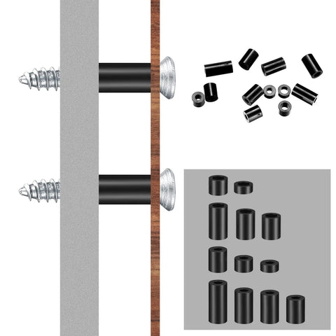 400 Pack Nylon Electrical Outlet Spacers shown installed with screws on panel, featuring ABS round spacers and variety of black sizes.