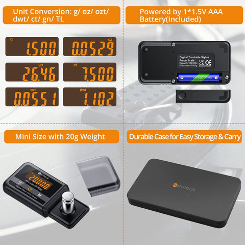 Digital Stylus Force Gauge For Turntables With 0.005g Resolution And 100g Capacity, ±0.015g Accuracy ,  Pro-Grade Non-Magnetic Tool For Fine-Tuning Cartridge Tracking, Dialed-In Sound Quality, And Reducing Record Wear.