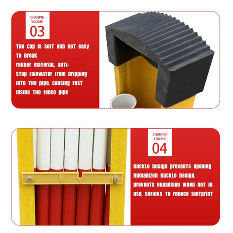 Flexible Expandable Safety Fence With Smooth Rolling Casters For Crowd Control And Room Dividing features a rubber cap and buckle design.