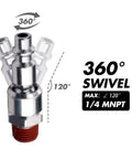 Two Piece Swivel Air Plug One Quarter Inch NPT Male Thread Steel Quick Connect Air Tool Coupler Plug Corrosion Resistant With Pre Applied Sealant To Reduce Hose Twist And Wrist Strain Industrial Grade, 1/4 MNPT