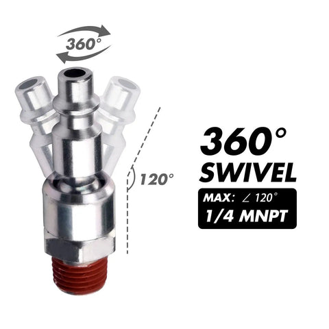 Two Piece Swivel Air Plug One Quarter Inch NPT Male Thread Steel Quick Connect Air Tool Coupler Plug Corrosion Resistant With Pre Applied Sealant To Reduce Hose Twist And Wrist Strain Industrial Grade, 1/4 MNPT