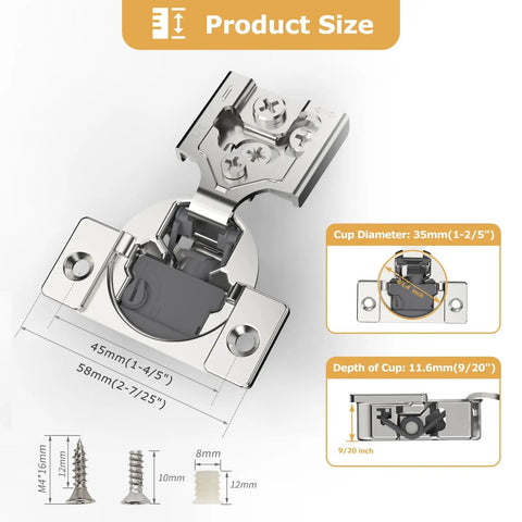 Killer Quality Soft Close Cabinet Hinges Two Pack 3/8 Inch Face Frame Overlay 4D Adjustable with size and details shown.