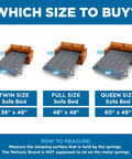 Image showing sofa bed size options: Twin, Full, and Queen with measurements for Heavy Duty Reinforced Plywood Support Board.