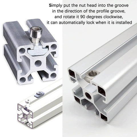 50 Pack Hammer Head Sliding T Nuts For 8mm T Slot Aluminum Extrusion 3030 Series M6 Thread installed in standard profiles