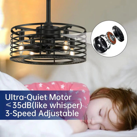 Dope Retro Cage Ceiling Fan With Lights And Remote, 20 Inch Low Profile Industrial Ceiling Fan with child sleeping underneath