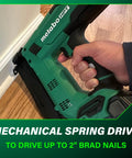 Close-up of the Compact 18V Cordless Brad Nailer 18 Gauge Tool Only Single Sequential Trigger in use, firing 2 inch nails.