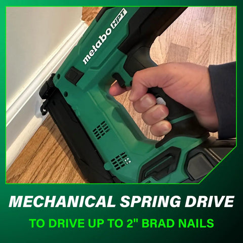 Close-up of the Compact 18V Cordless Brad Nailer 18 Gauge Tool Only Single Sequential Trigger in use, firing 2 inch nails.
