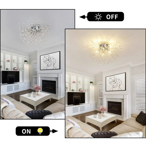 Lit and unlit Super Cool Crystal Flush Mount Ceiling Light With Chrome Sputnik Firework Chandelier in modern living room